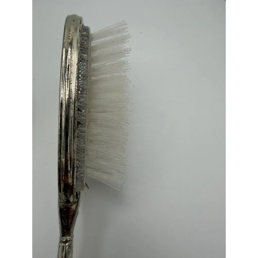 Vintage Silver Tone Repousse Hand Mirror and Brush Vanity Set Floral Lace Detail